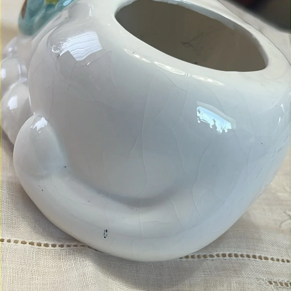 White Ceramic Cat-Shaped Planter with a Blue Scarf Adorned with Fish.